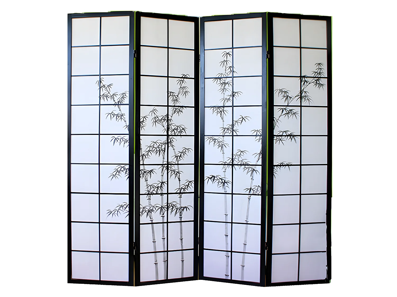 Paravent japonais en bois noir dessin bambou de 4 pans