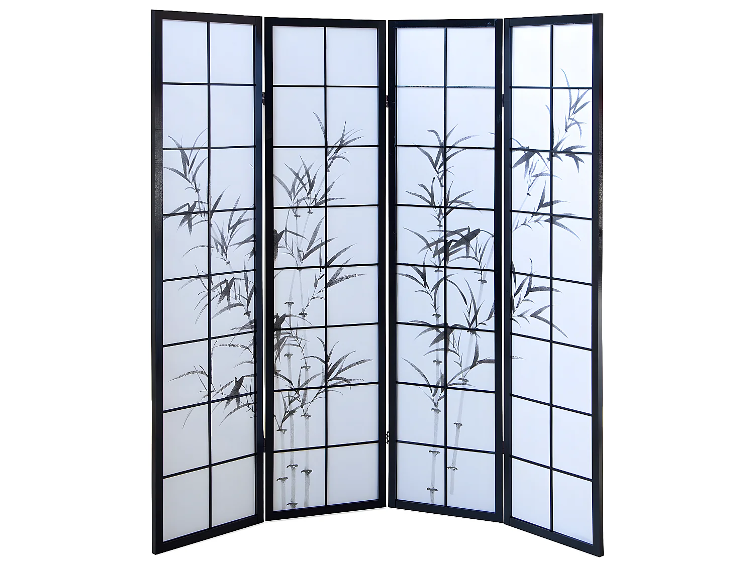 Paravent japonais en bois noir dessin bambou de 4 pans