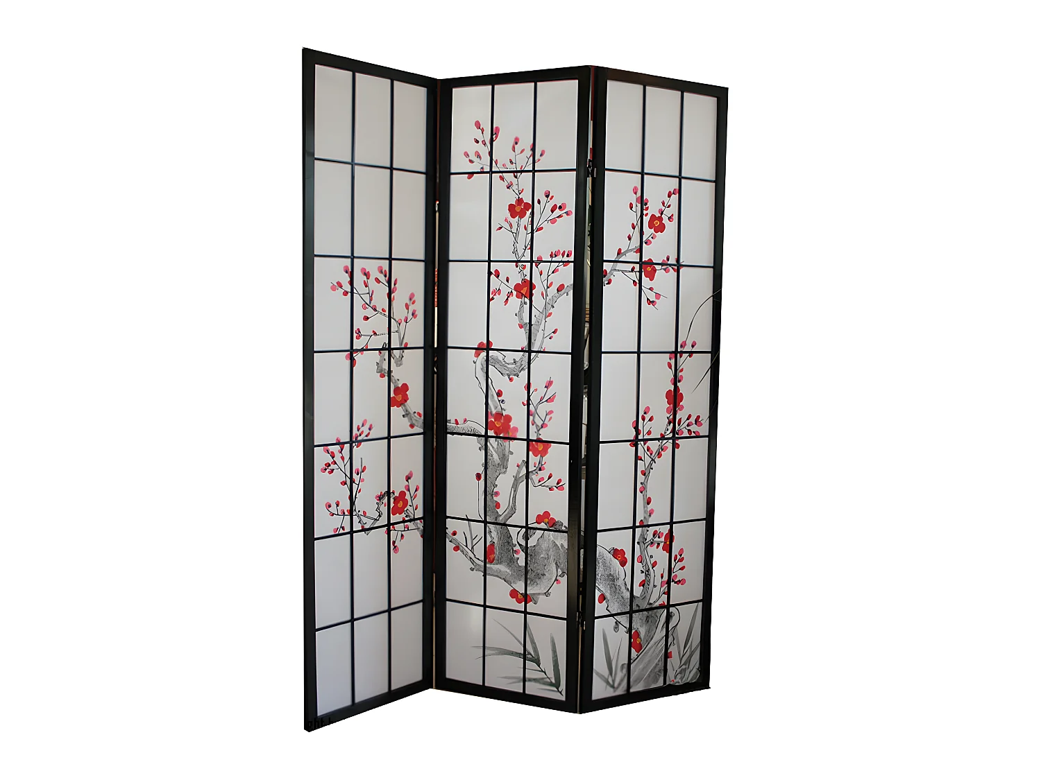 Paravent japonais fleur de cerisier en bois noir de 3 pans, L132 x H175 x P2 cm