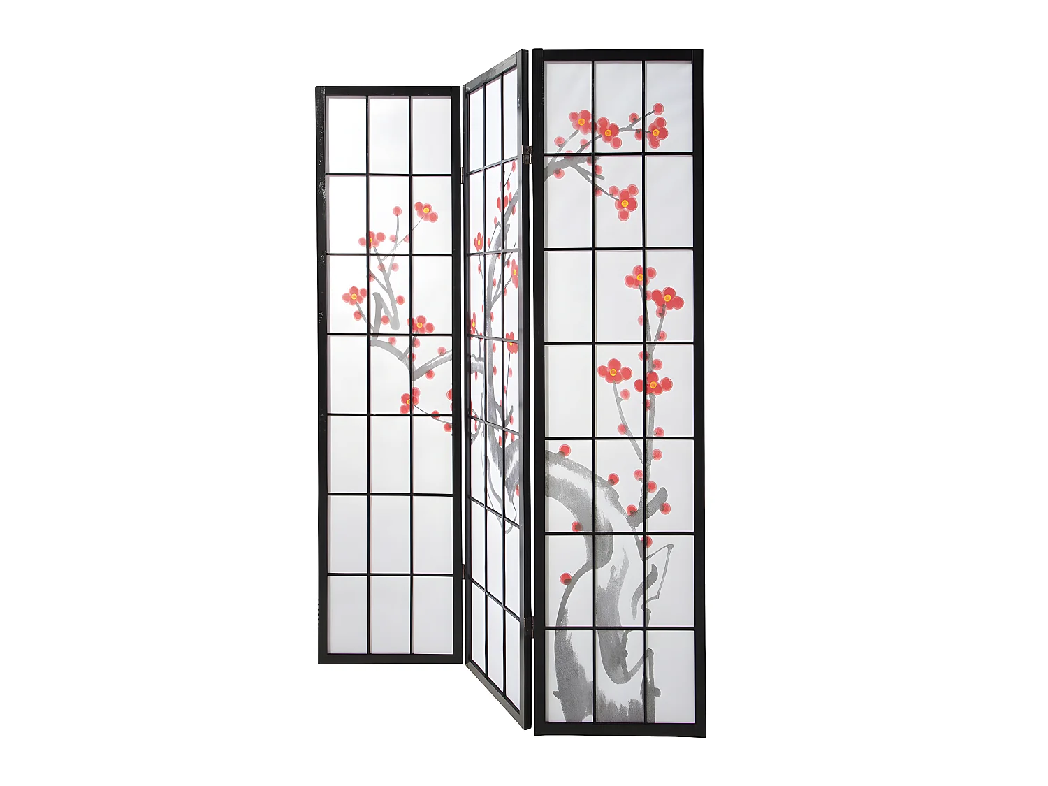 Paravent japonais fleur de cerisier en bois noir de 3 pans, L132 x H175 x P2 cm