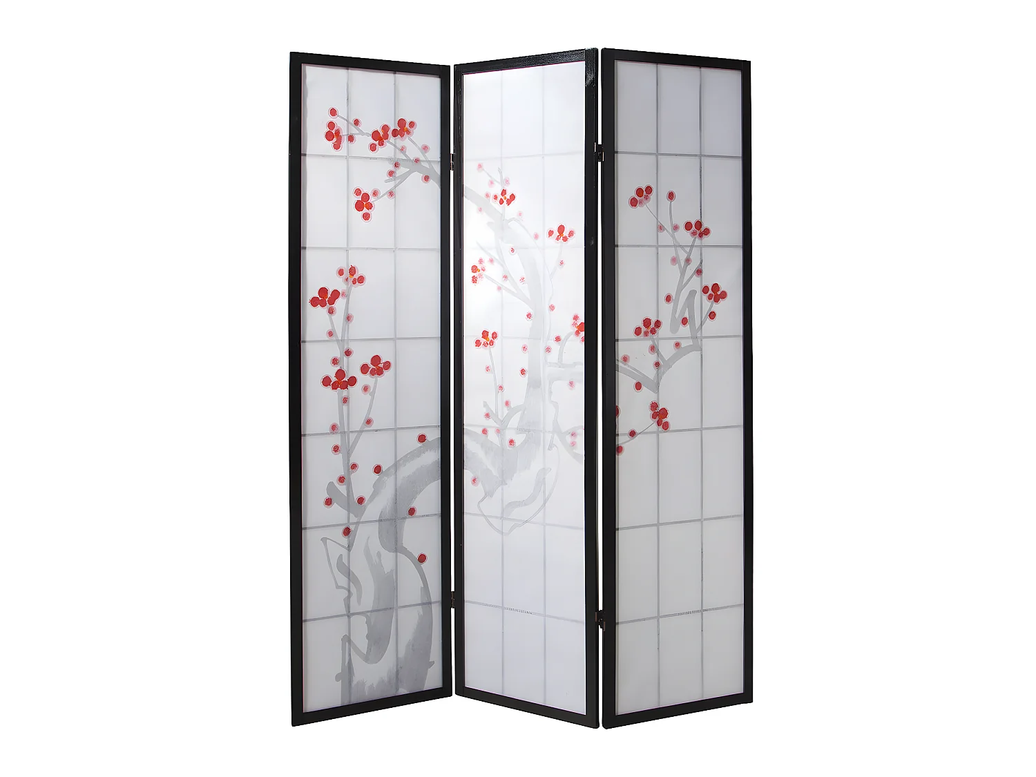Paravent japonais fleur de cerisier en bois noir de 3 pans, L132 x H175 x P2 cm