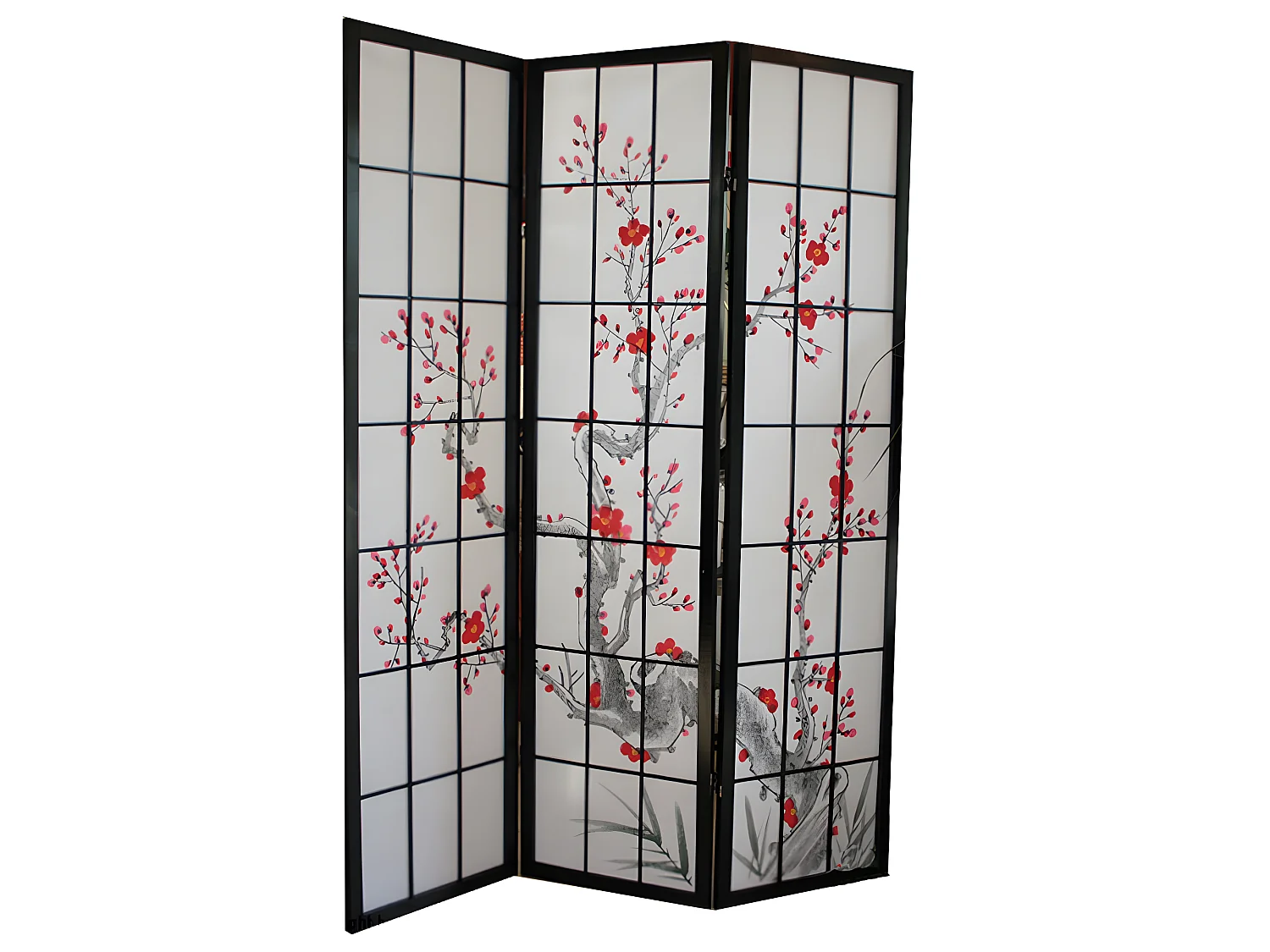 Paravent japonais fleur de cerisier en bois noir de 3 pans, L132 x H175 x P2 cm