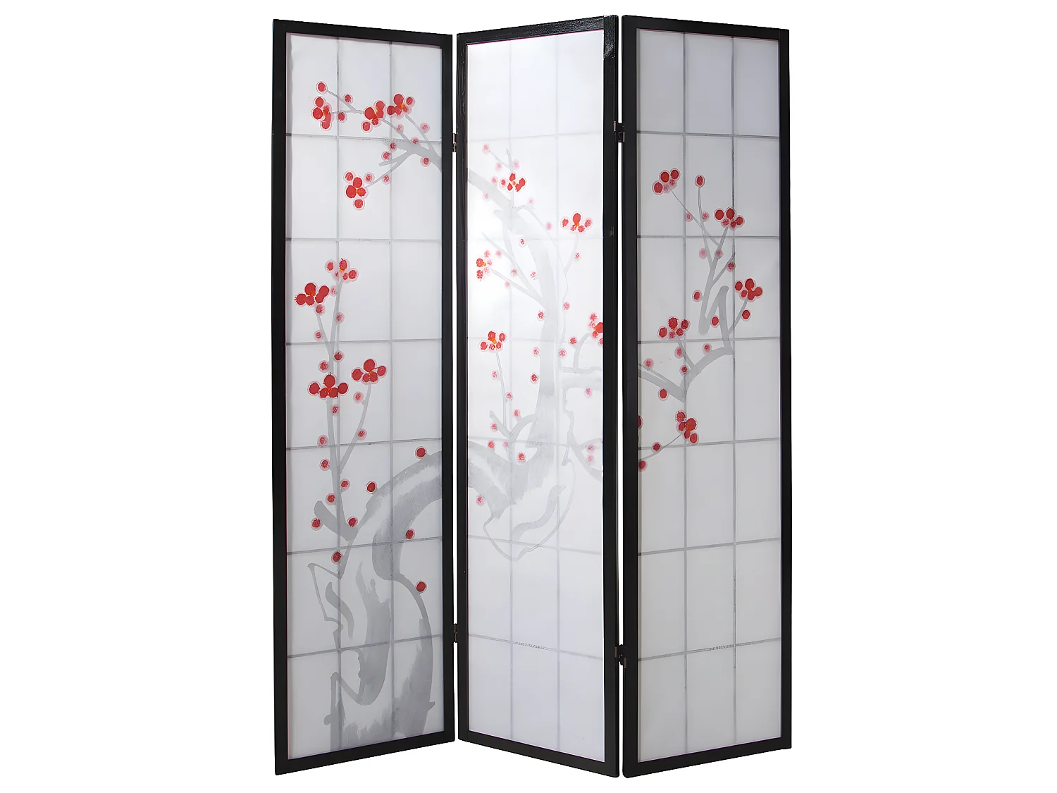 Paravent japonais fleur de cerisier en bois noir de 3 pans, L132 x H175 x P2 cm