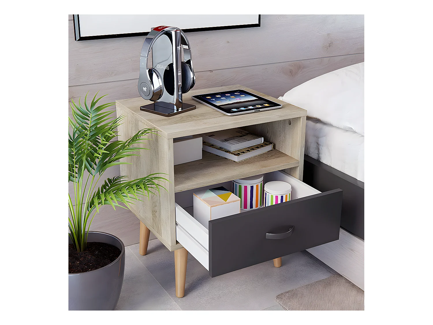 Chevet Table de nuit en mélaminé coloris gris et chêne - Longueur 38 x profondeur 45 x Hauteur 53 cm