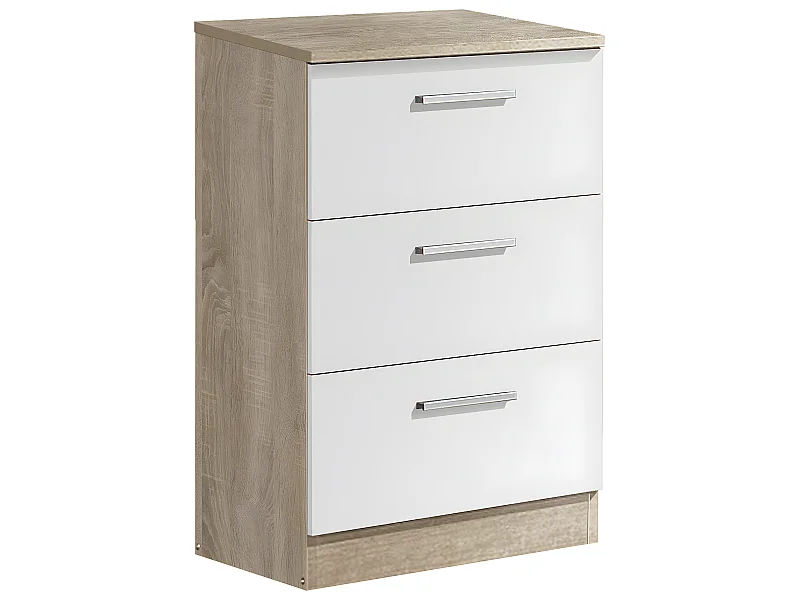 Table de chevet de 3 tiroirs coloris chêne / blanc - longueur 40 x profondeur 31 x hauteur 66 cm