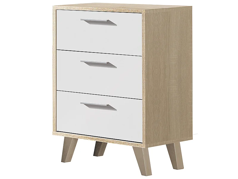 Table de chevet de 3 tiroirs avec pieds coloris Chêne Cambrian / Blanc - longueur 43 x profondeur 35 x hauteur 63 cm