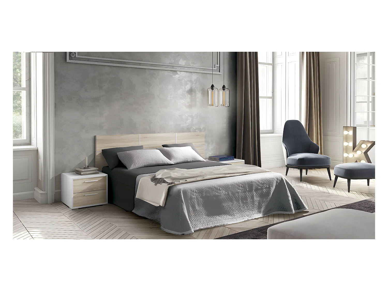 Table de chevet de 2 tiroirs coloris Chêne Cambrian / Blanc - longueur 43 x profondeur 35 x hauteur 43 cm