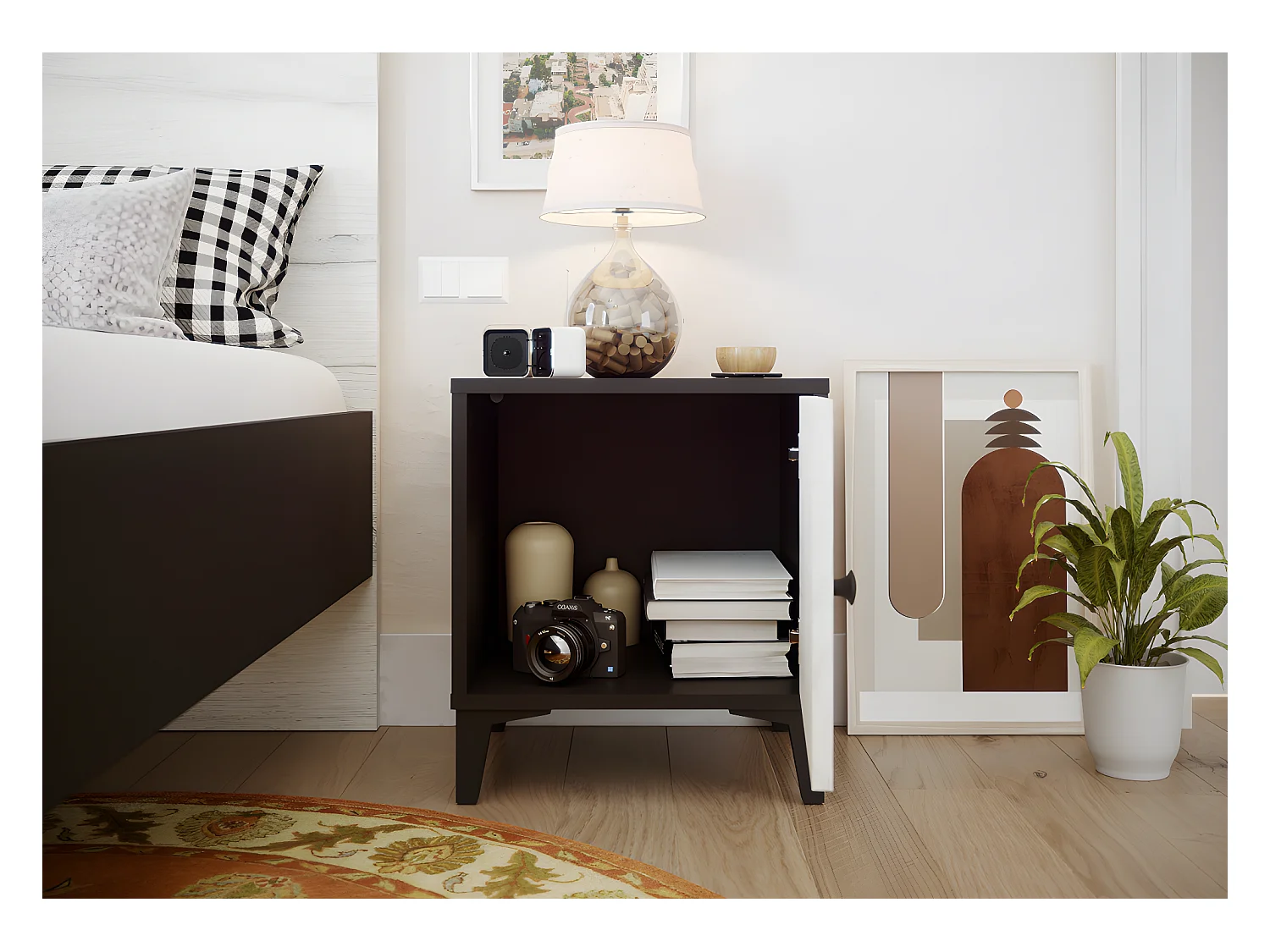 Table de chevet Table de nuit en mélamine coloris noir / blanc - Longueur 40 x profondeur 35 x Hauteur 45 cm