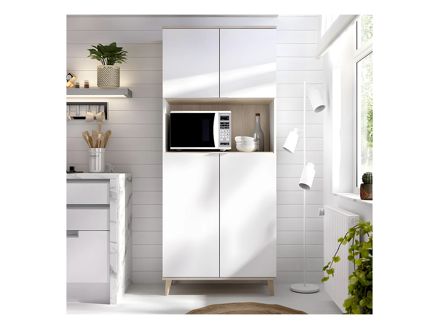 Meuble de rangement coloris blanc/naturel - Longueur 79 x Profondeur 40 x Hauteur 188 cm