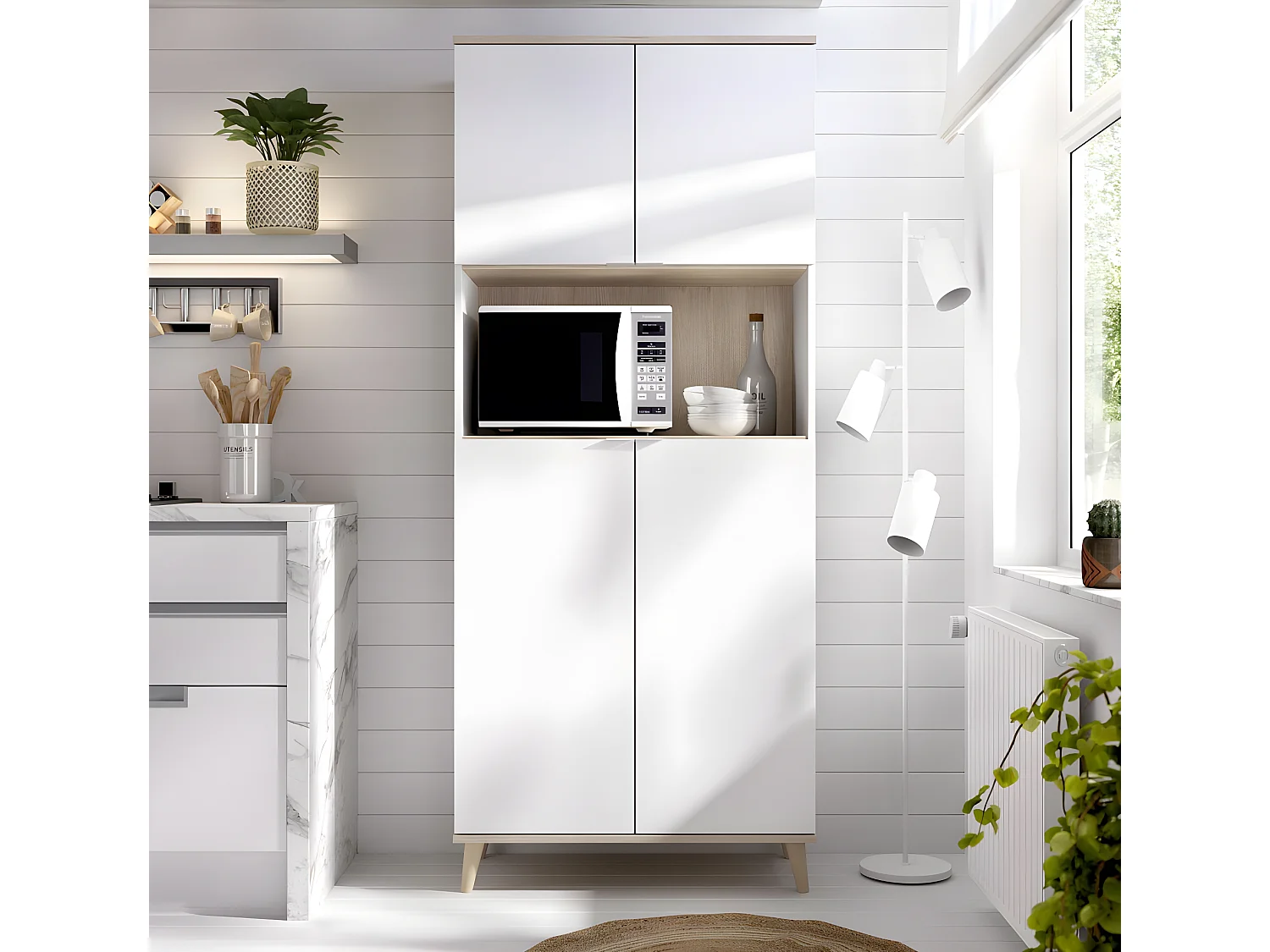 Meuble de rangement coloris blanc/naturel - Longueur 79 x Profondeur 40 x Hauteur 188 cm