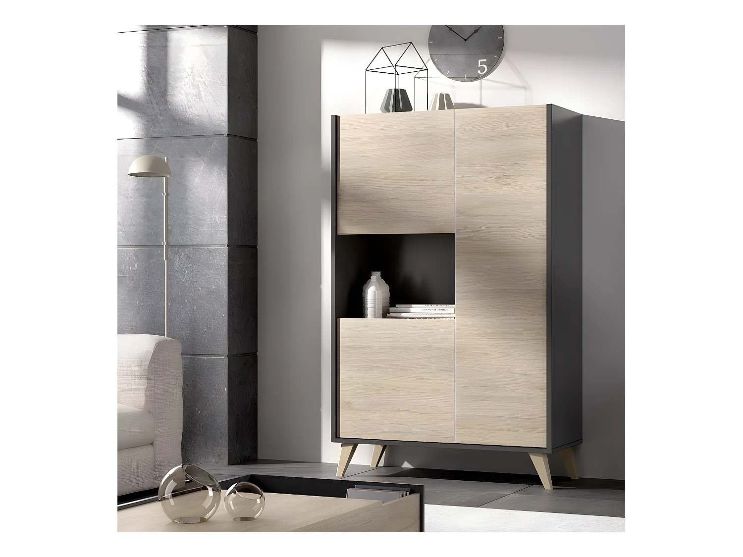 Buffet Meuble de rangement 3 portes coloris graphite/naturel - Longueur 81 x Hauteur 135 x Profondeur 43 cm