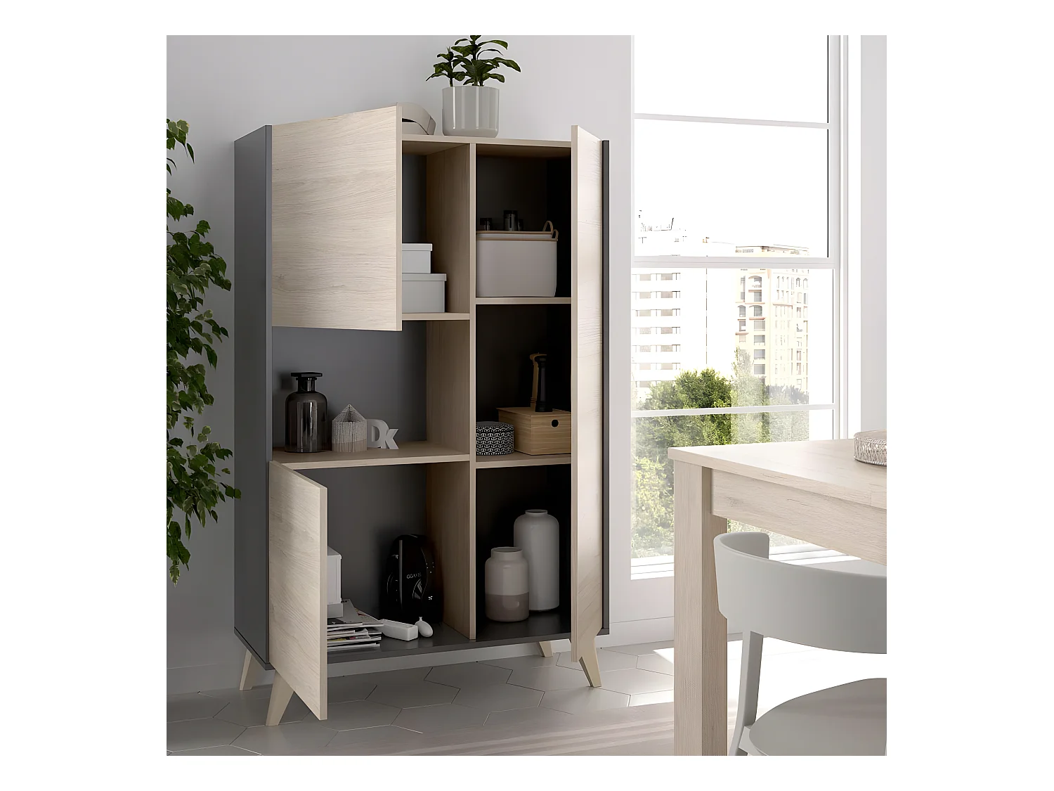 Buffet Meuble de rangement 3 portes coloris graphite/naturel - Longueur 81 x Hauteur 135 x Profondeur 43 cm