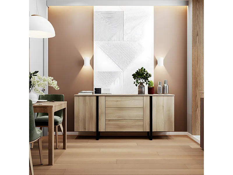 Buffet en mélamine et métal coloris chêne / noir - Longueur 180 x profondeur 40 x hauteur 82 cm