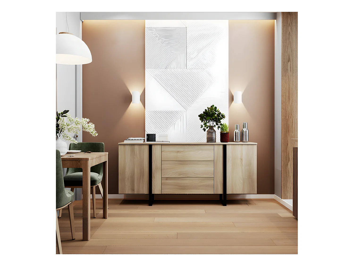 Buffet en mélamine et métal coloris chêne / noir - Longueur 180 x profondeur 40 x hauteur 82 cm