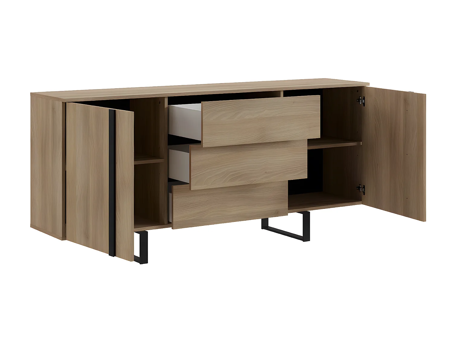 Buffet en mélamine et métal coloris chêne / noir - Longueur 180 x profondeur 40 x hauteur 82 cm