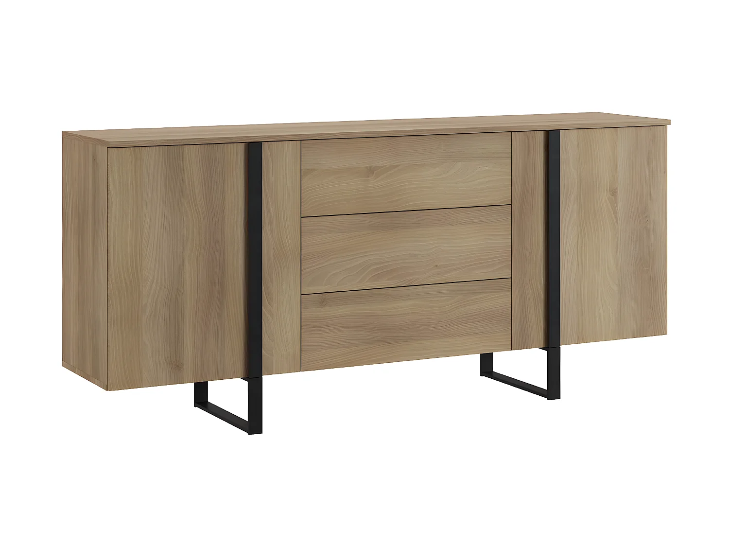 Buffet en mélamine et métal coloris chêne / noir - Longueur 180 x profondeur 40 x hauteur 82 cm