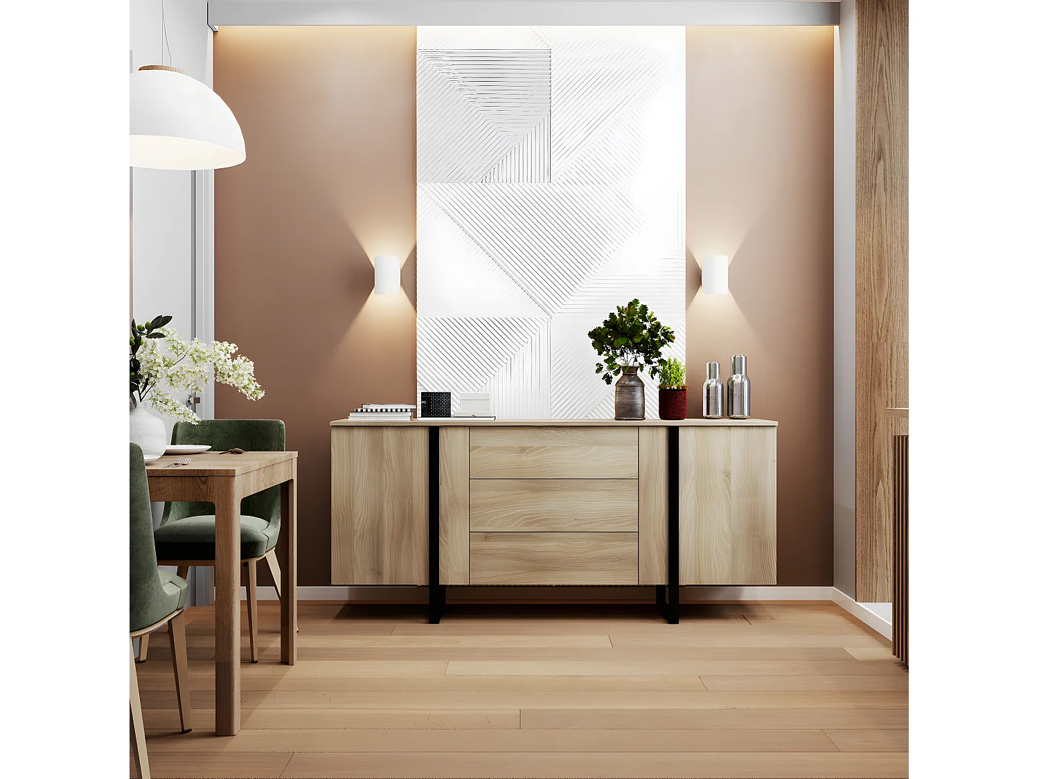 Buffet en mélamine et métal coloris chêne / noir - Longueur 180 x profondeur 40 x hauteur 82 cm