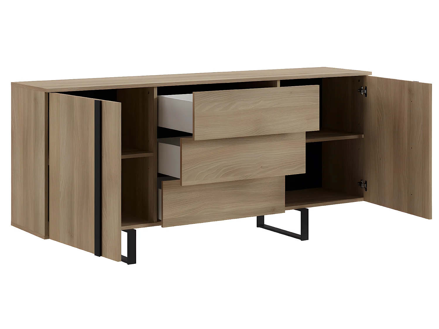 Buffet en mélamine et métal coloris chêne / noir - Longueur 180 x profondeur 40 x hauteur 82 cm