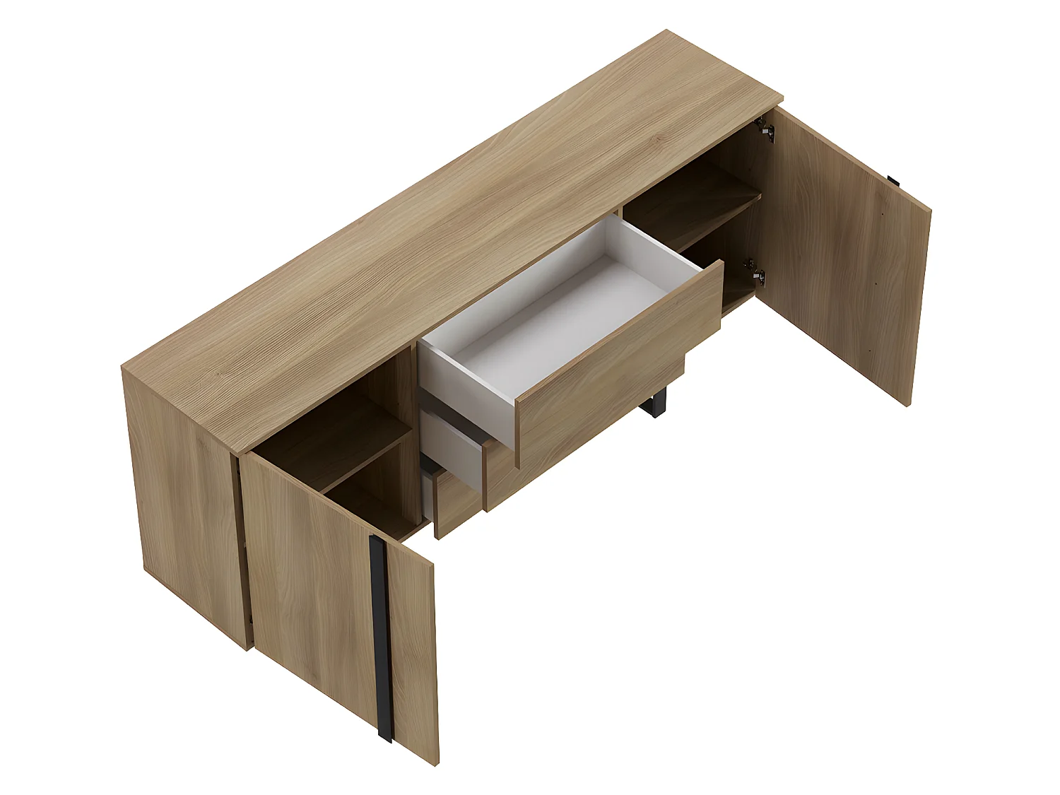 Buffet en mélamine et métal coloris chêne / noir - Longueur 180 x profondeur 40 x hauteur 82 cm