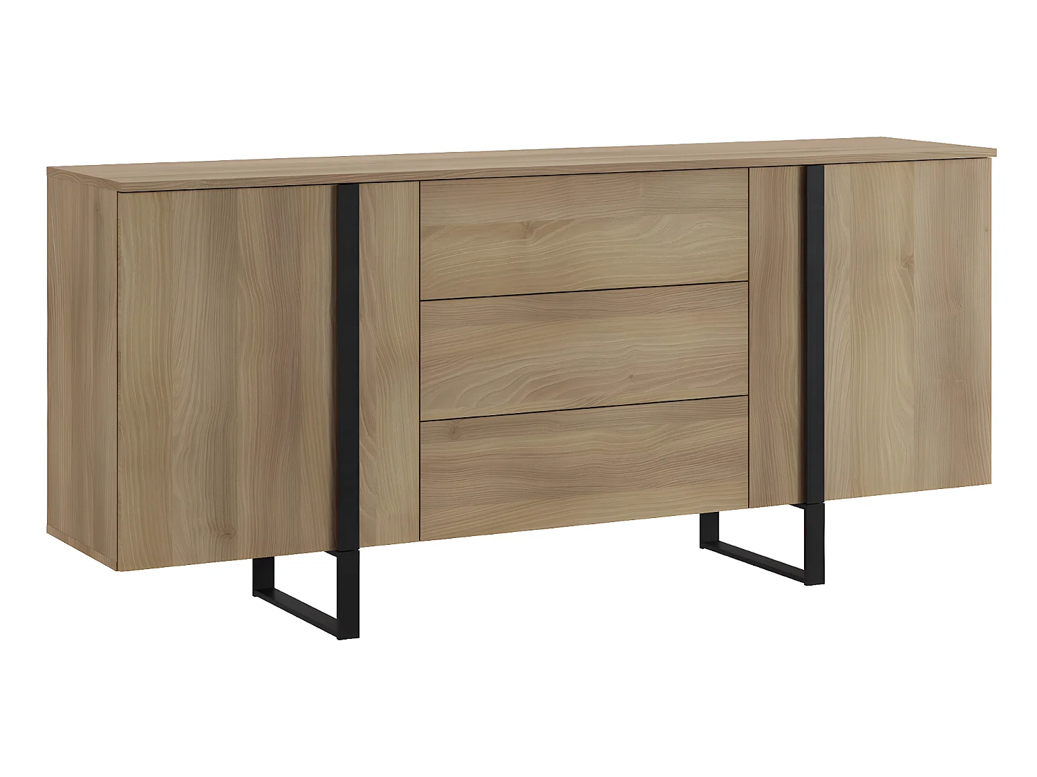 Buffet en mélamine et métal coloris chêne / noir - Longueur 180 x profondeur 40 x hauteur 82 cm