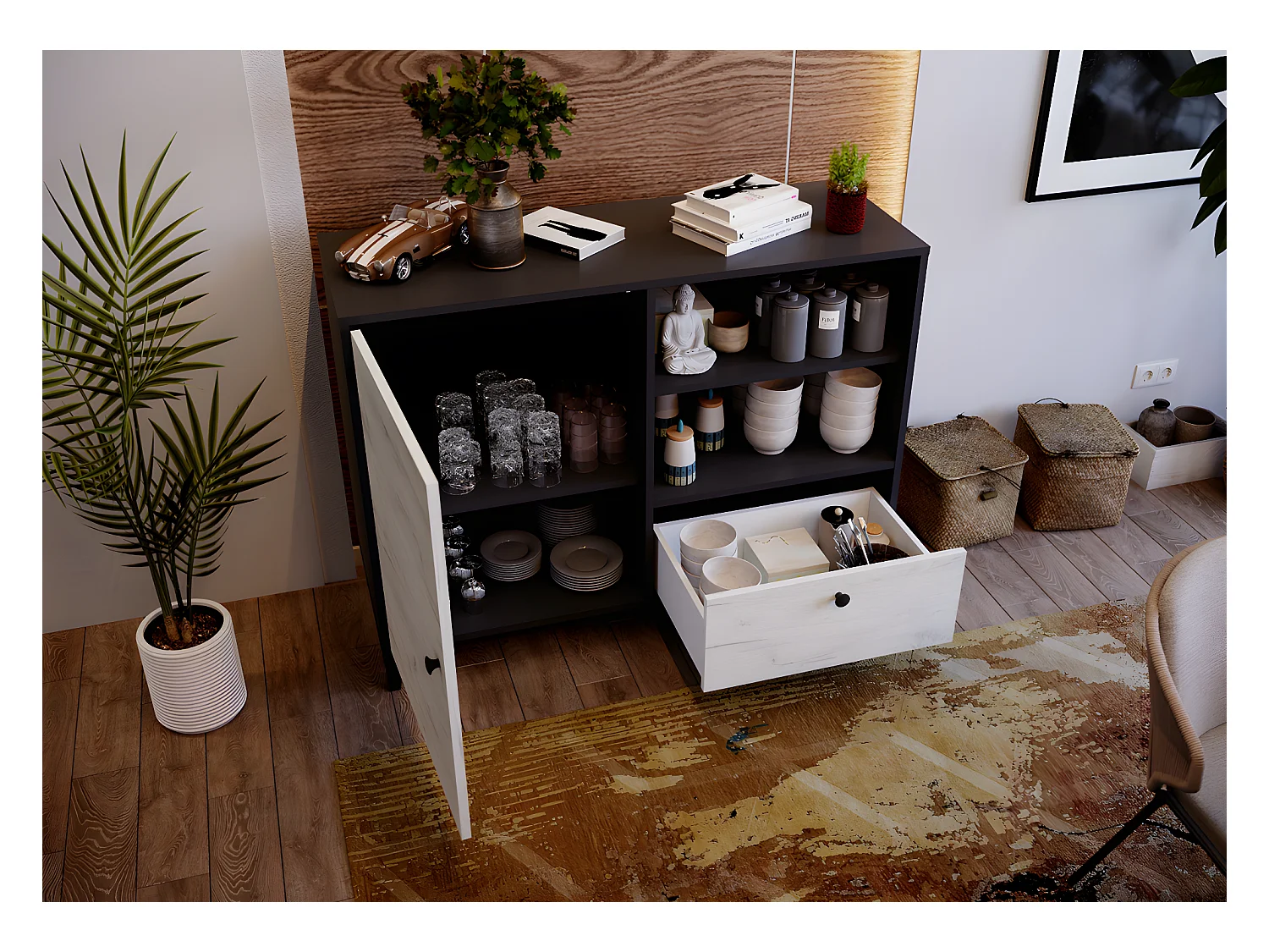 Buffet en mélamine coloris noir et blanc - Longueur 110 x profondeur 40 x hauteur 83 cm