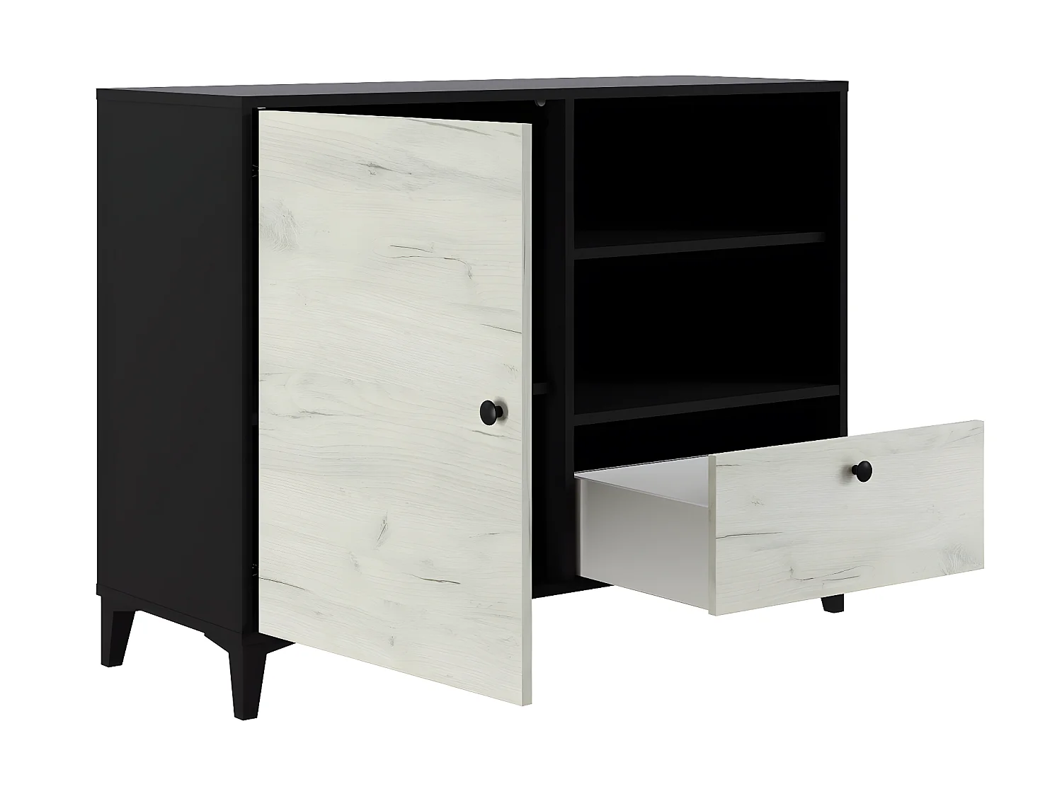 Buffet en mélamine coloris noir et blanc - Longueur 110 x profondeur 40 x hauteur 83 cm