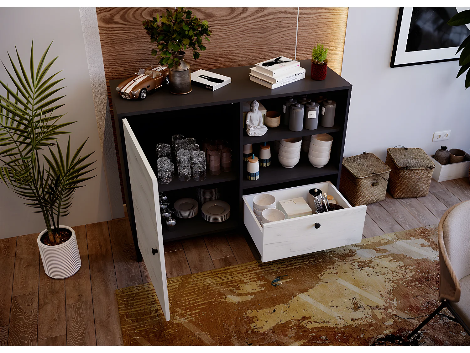 Buffet en mélamine coloris noir et blanc - Longueur 110 x profondeur 40 x hauteur 83 cm