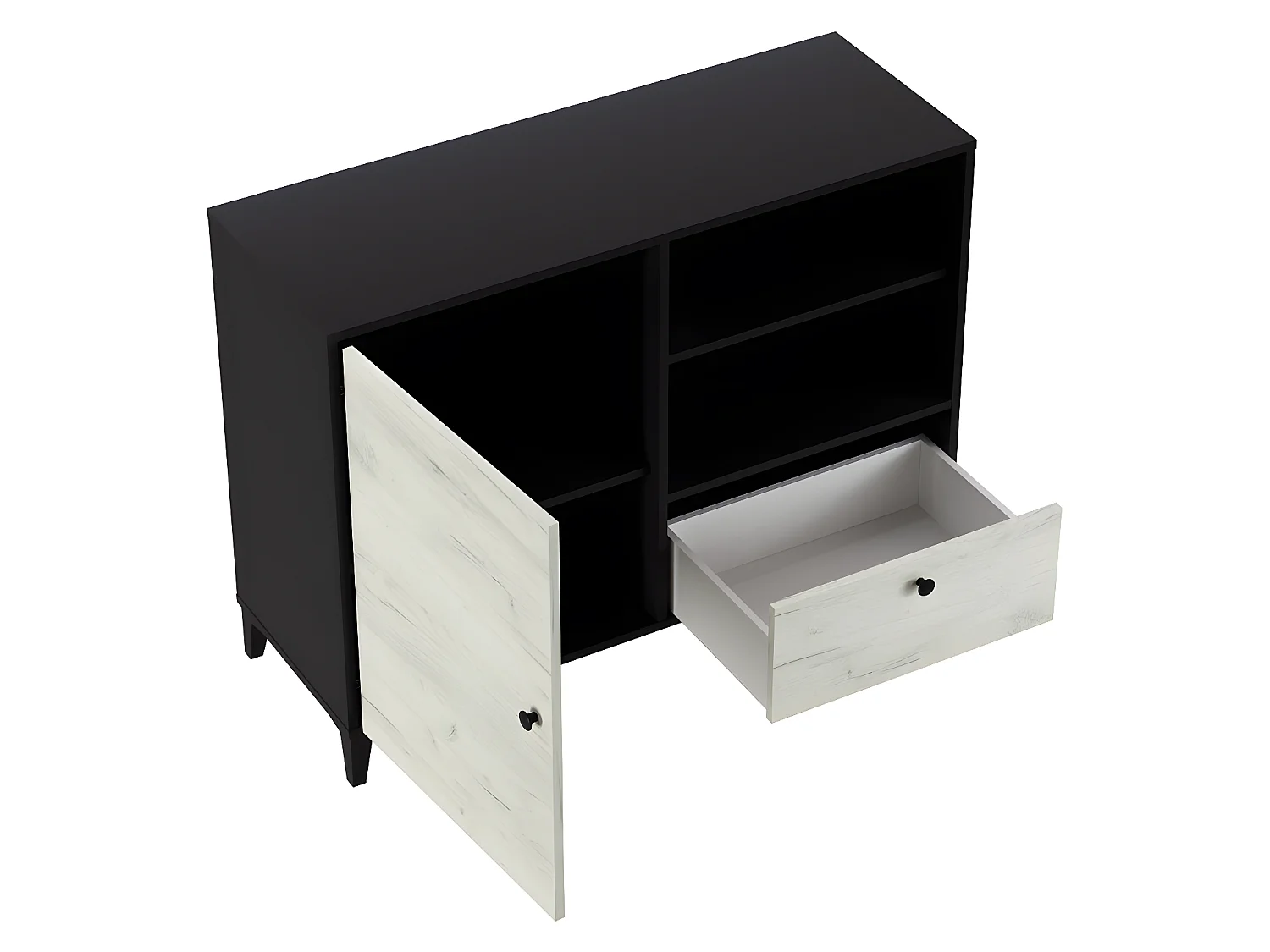 Buffet en mélamine coloris noir et blanc - Longueur 110 x profondeur 40 x hauteur 83 cm