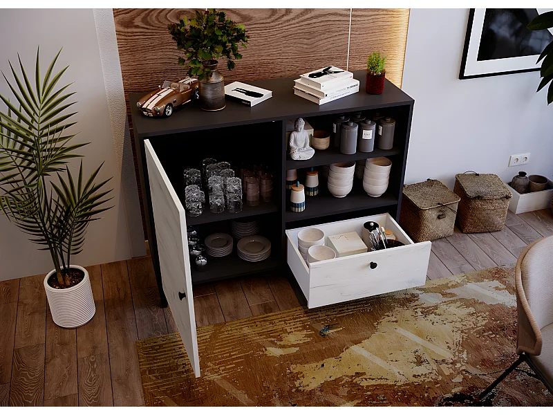 Buffet en mélamine coloris noir et blanc - Longueur 110 x profondeur 40 x hauteur 83 cm