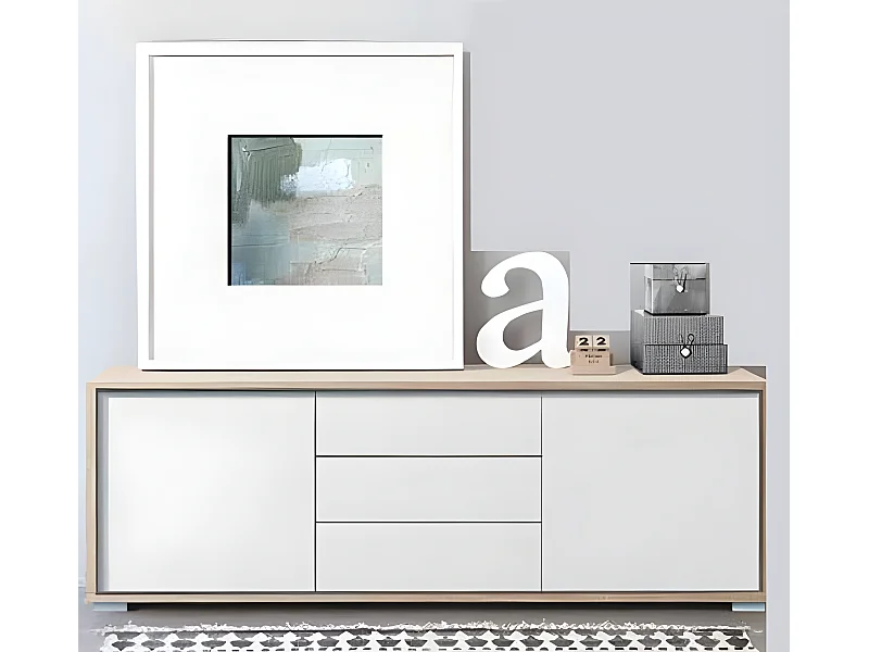 Buffet de 2 portes + 3 tiroirs coloris Chêne Cambrian / Blanc - Longueur 183 x profondeur 35 x hauteur 63 cm