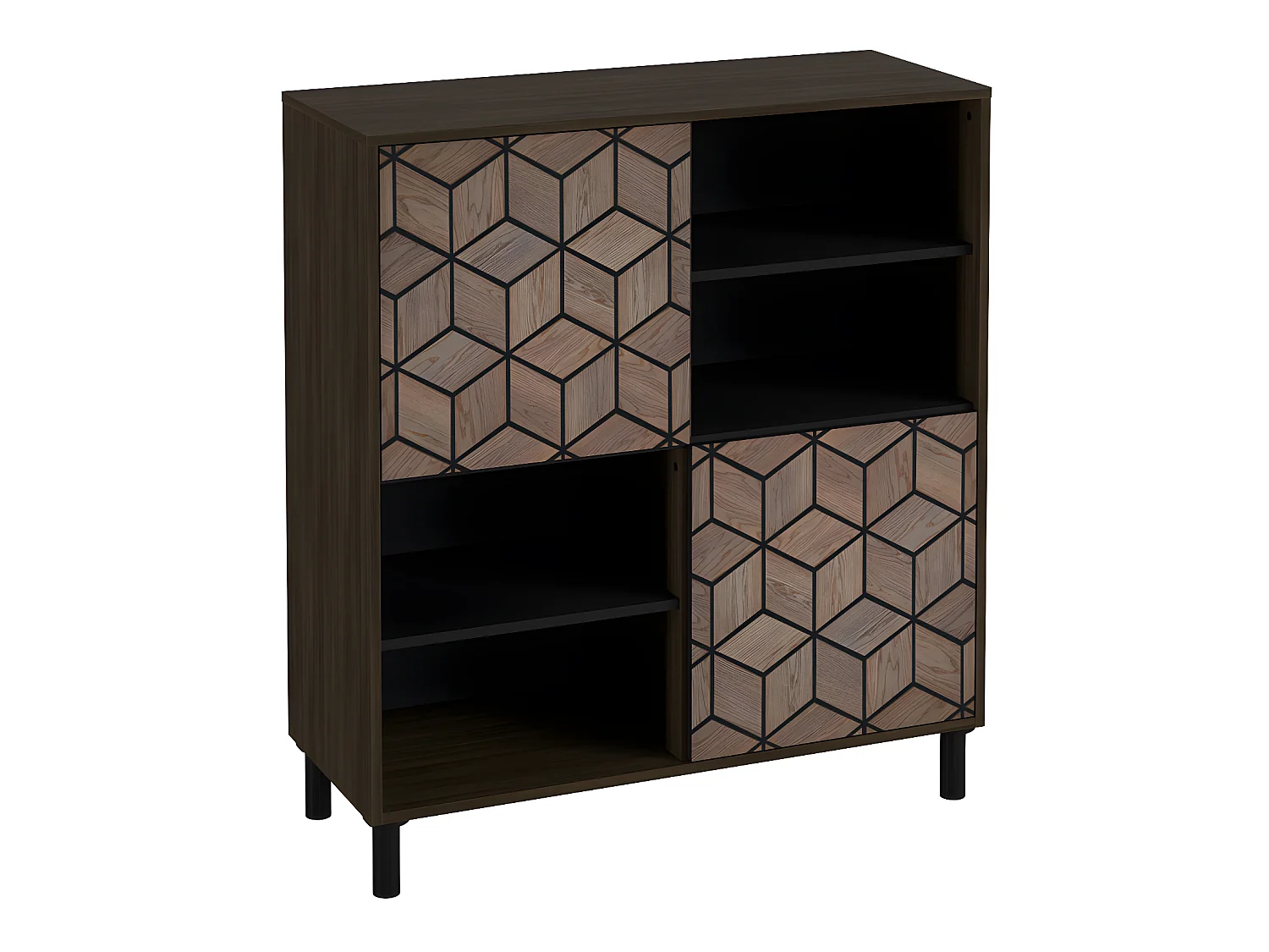 Buffet en mélamine coloris marron / noir - Longueur 113 x profondeur 40 x hauteur 101 cm