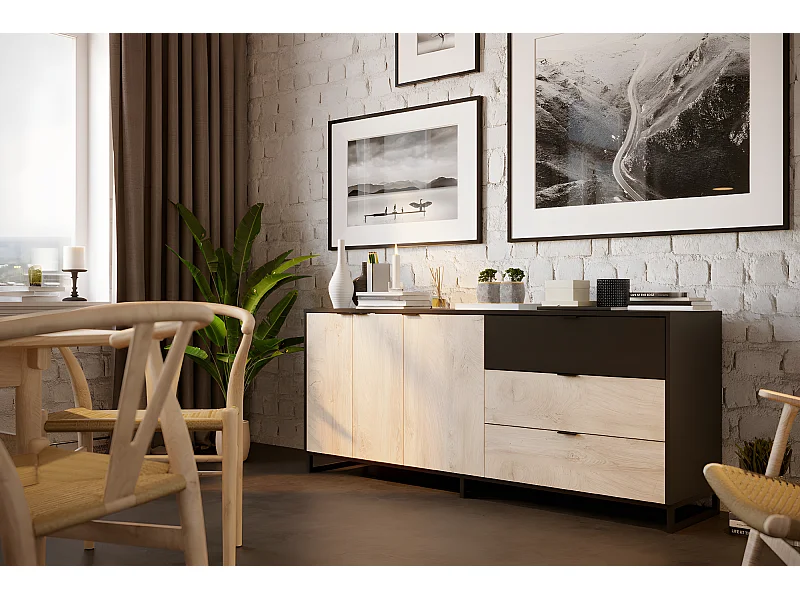 Buffet Meuble de rangement en mélamine coloris chêne et noir - Longueur 180 x profondeur 44 x Hauteur 75 cm