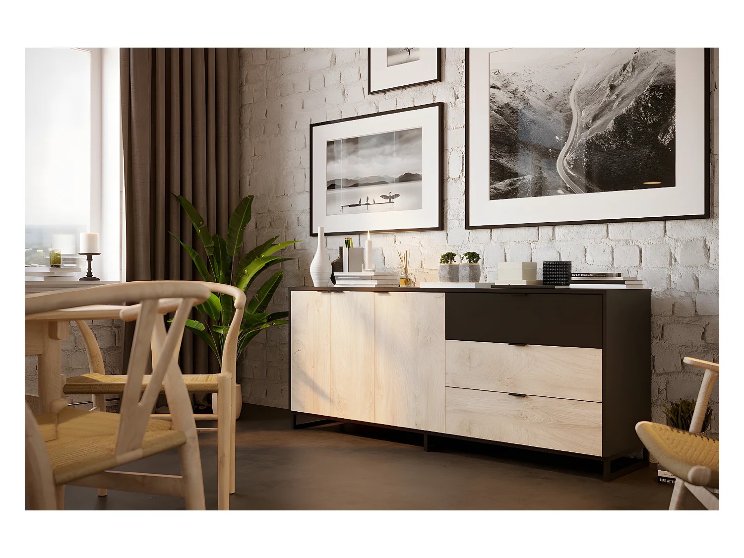 Buffet Meuble de rangement en mélamine coloris chêne et noir - Longueur 180 x profondeur 44 x Hauteur 75 cm