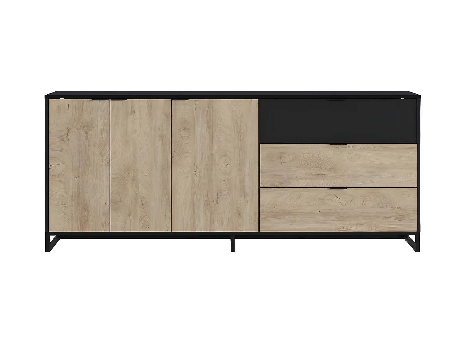 Buffet Meuble de rangement en mélamine coloris chêne et noir - Longueur 180 x profondeur 44 x Hauteur 75 cm