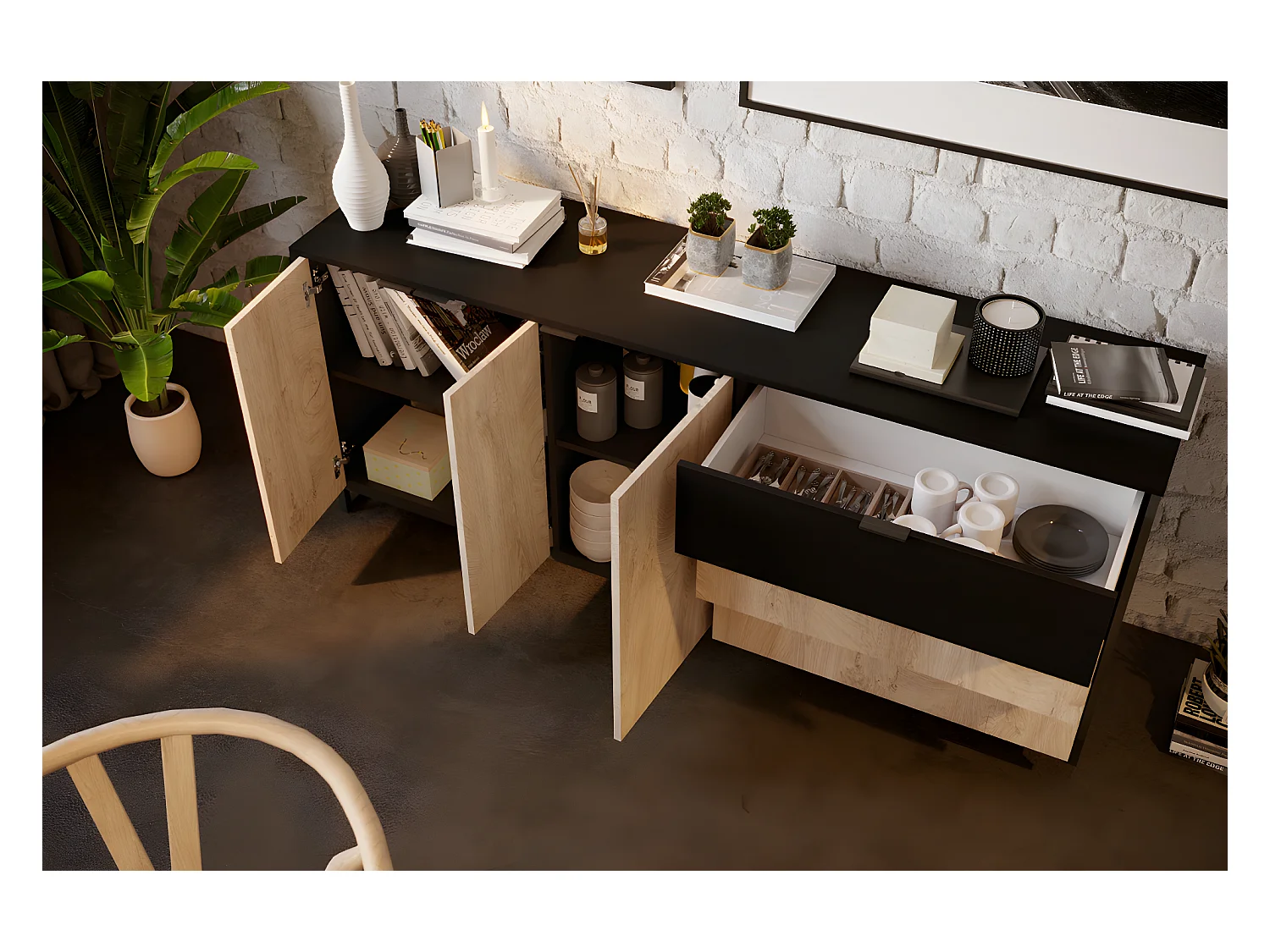 Buffet Meuble de rangement en mélamine coloris chêne et noir - Longueur 180 x profondeur 44 x Hauteur 75 cm