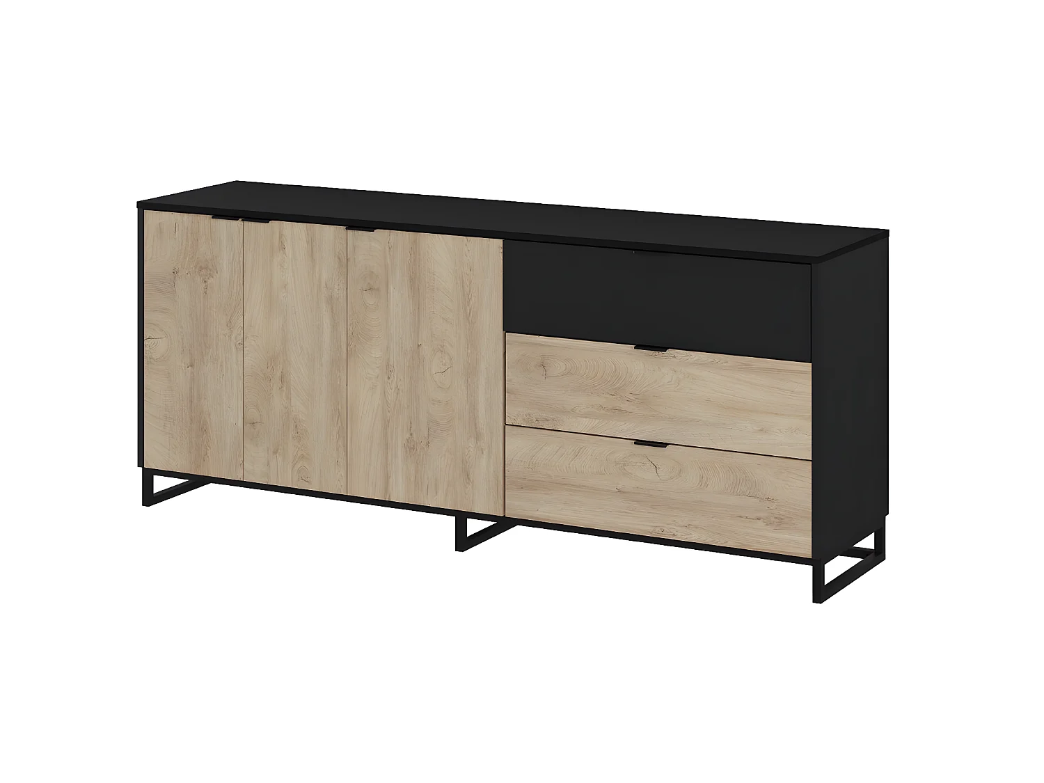 Buffet Meuble de rangement en mélamine coloris chêne et noir - Longueur 180 x profondeur 44 x Hauteur 75 cm