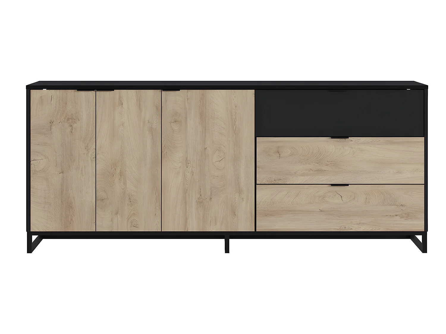 Buffet Meuble de rangement en mélamine coloris chêne et noir - Longueur 180 x profondeur 44 x Hauteur 75 cm