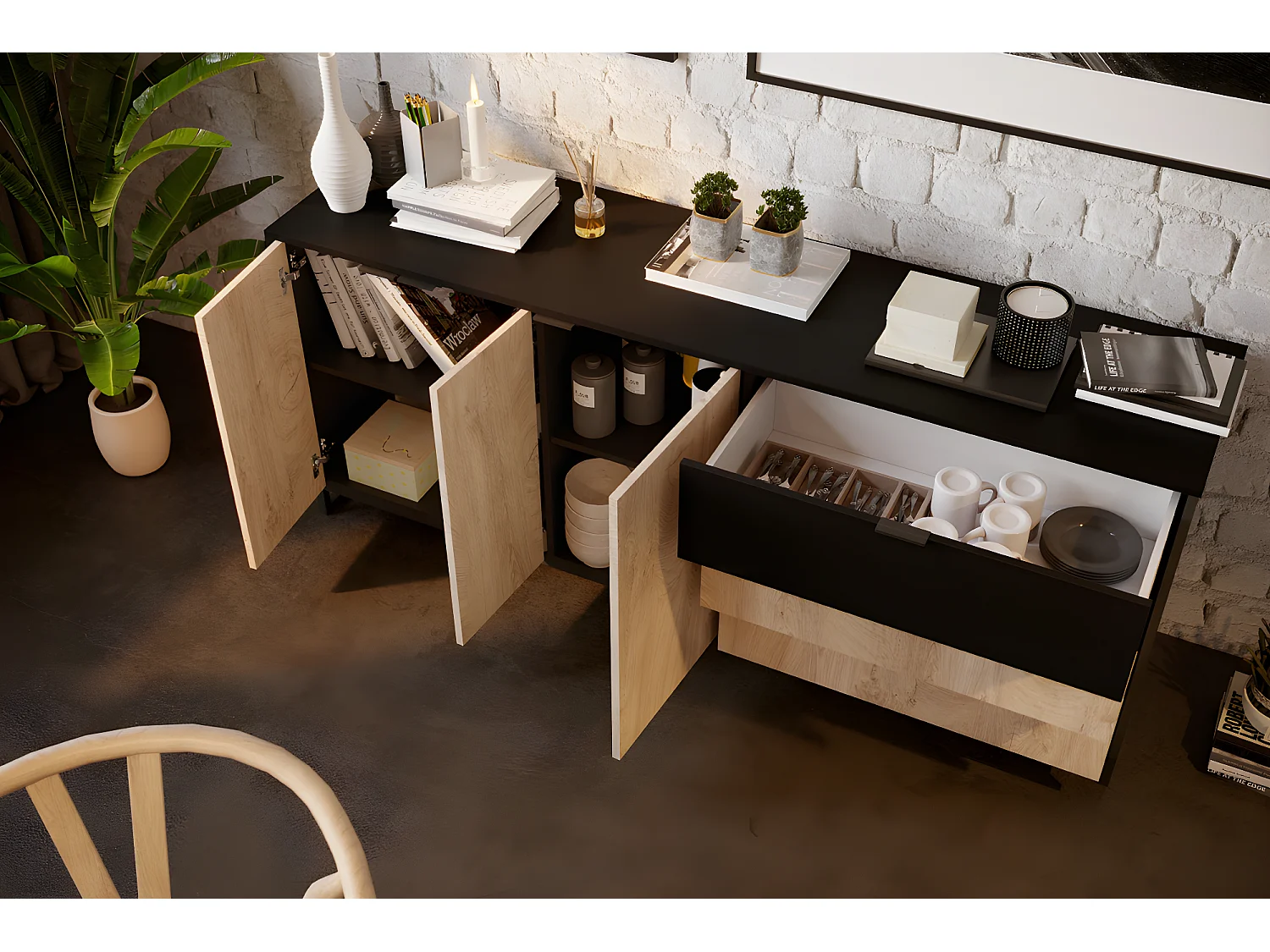 Buffet Meuble de rangement en mélamine coloris chêne et noir - Longueur 180 x profondeur 44 x Hauteur 75 cm