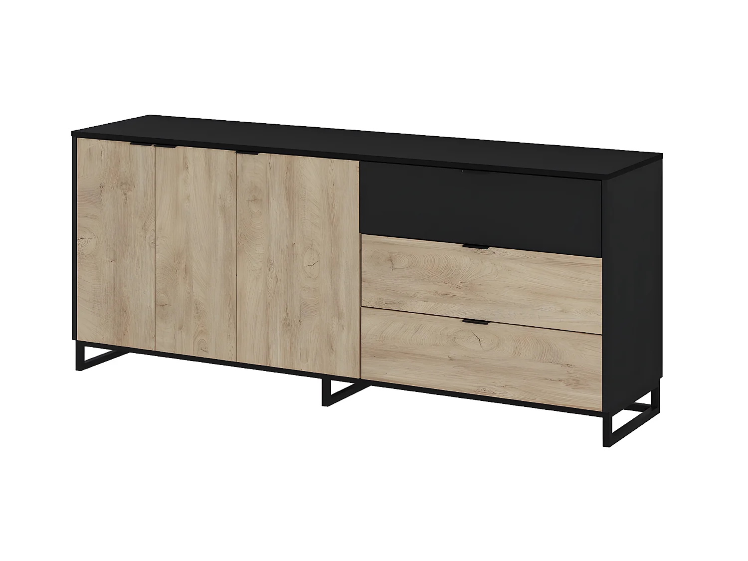 Buffet Meuble de rangement en mélamine coloris chêne et noir - Longueur 180 x profondeur 44 x Hauteur 75 cm