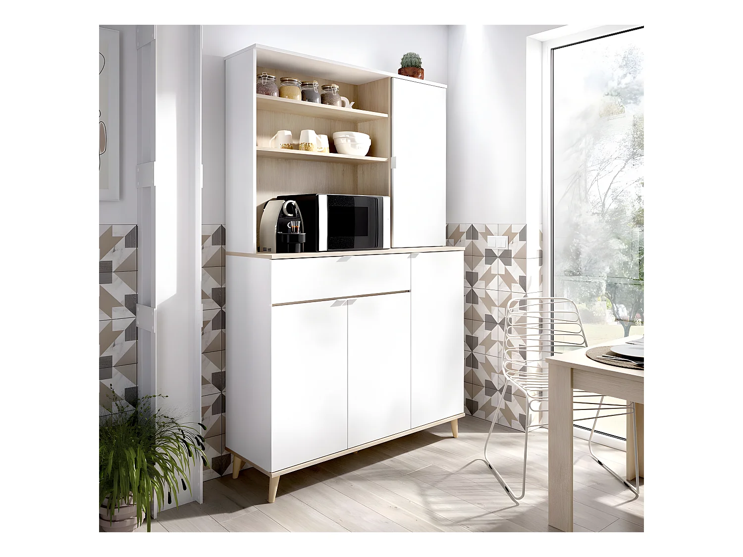 Meuble de rangement coloris blanc/naturel - Longueur 119 x Profondeur 40 x Hauteur 188 cm