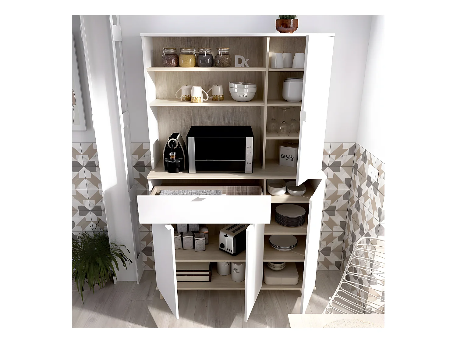 Meuble de rangement coloris blanc/naturel - Longueur 119 x Profondeur 40 x Hauteur 188 cm