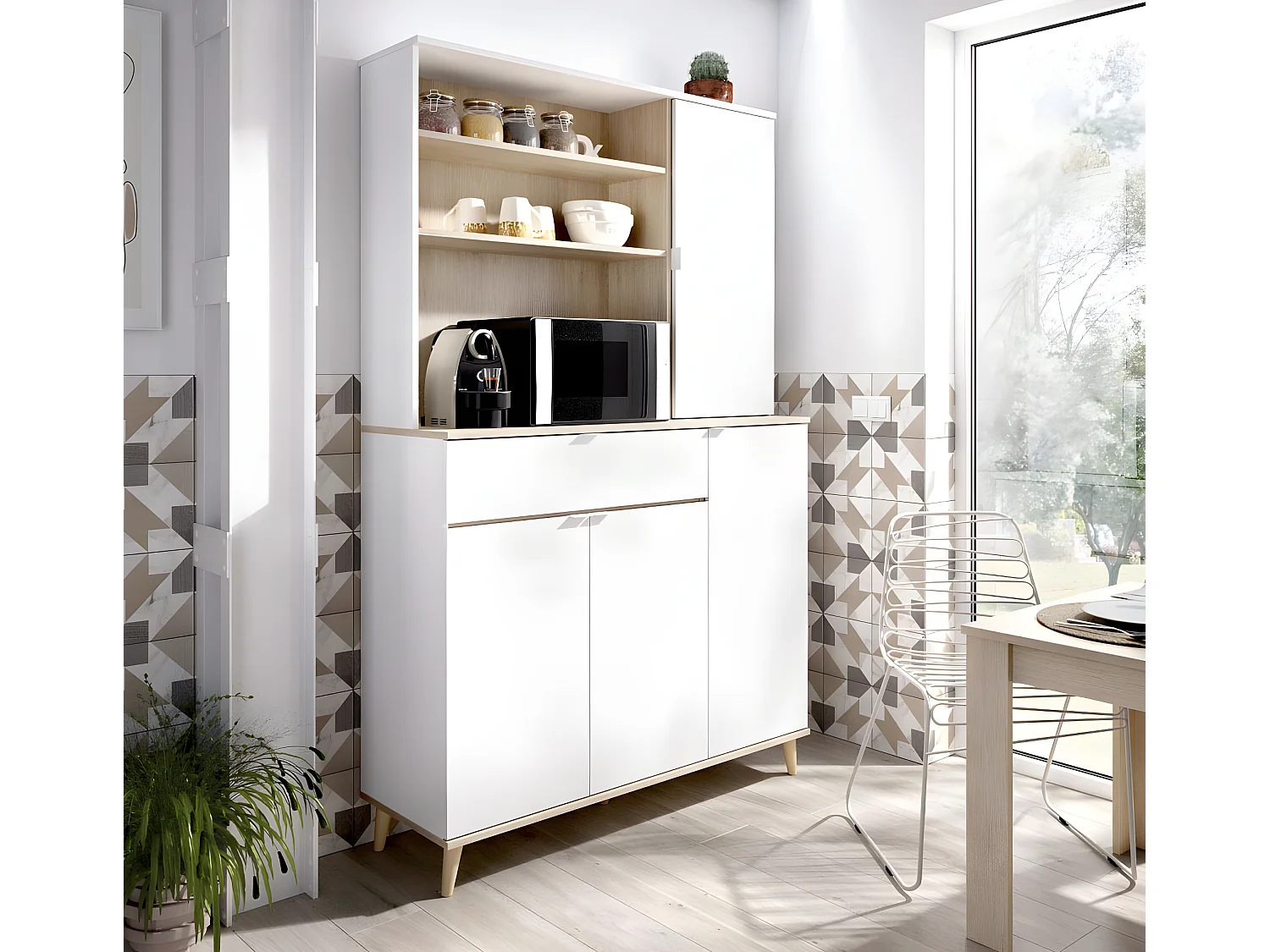 Meuble de rangement coloris blanc/naturel - Longueur 119 x Profondeur 40 x Hauteur 188 cm