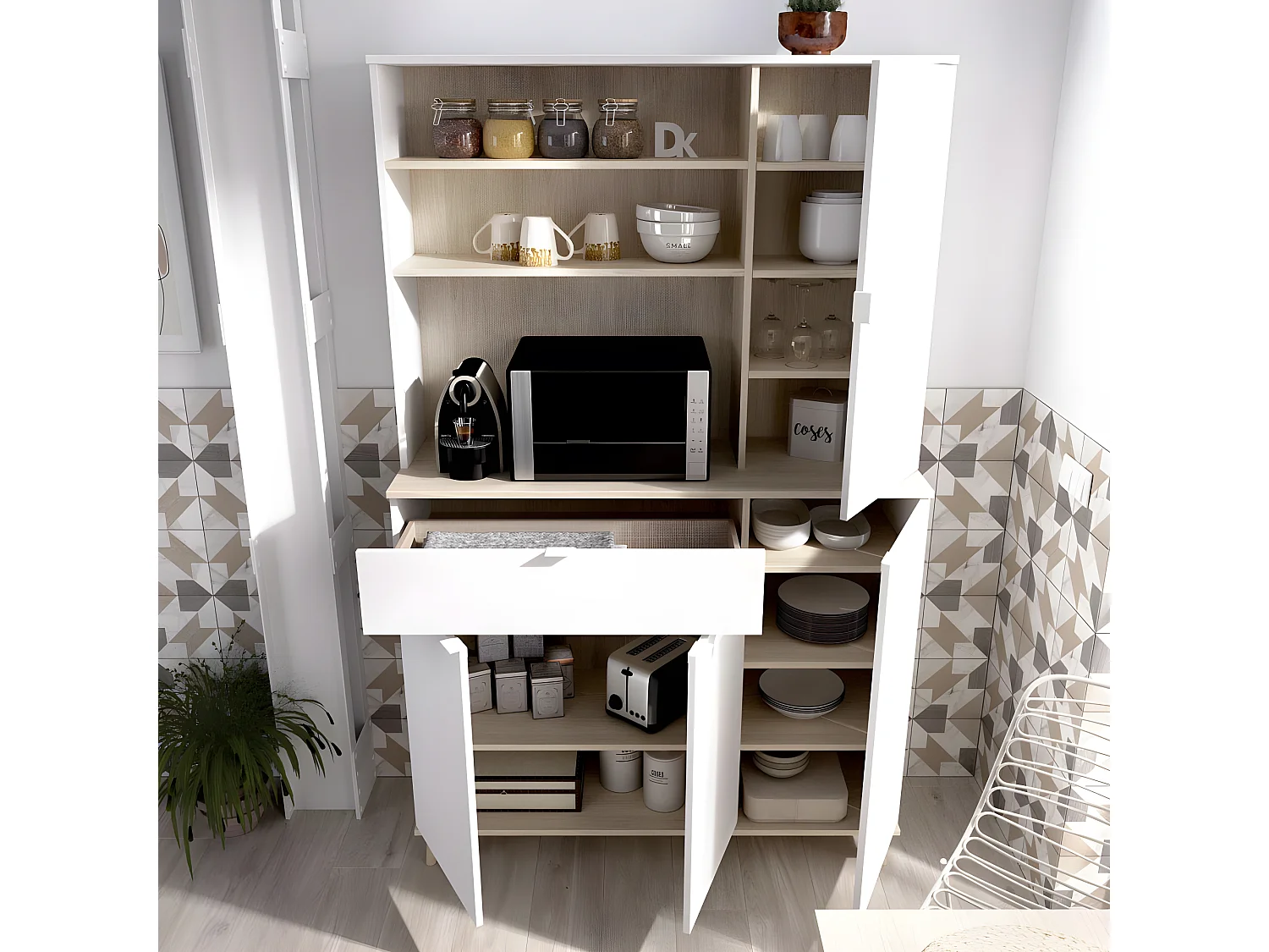 Meuble de rangement coloris blanc/naturel - Longueur 119 x Profondeur 40 x Hauteur 188 cm