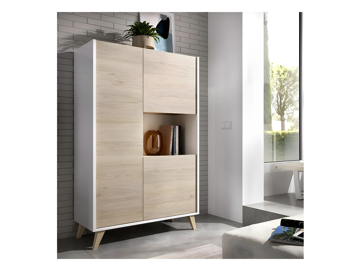 Buffet Meuble de rangement 3 portes coloris blanc/naturel - Longueur 81 x Hauteur 135 x Profondeur 43 cm