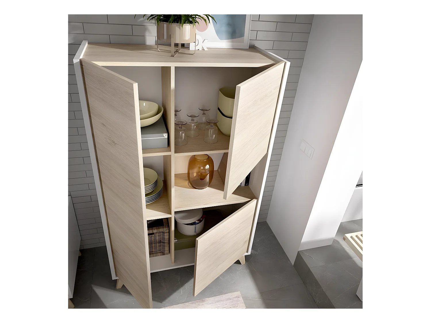 Buffet Meuble de rangement 3 portes coloris blanc/naturel - Longueur 81 x Hauteur 135 x Profondeur 43 cm