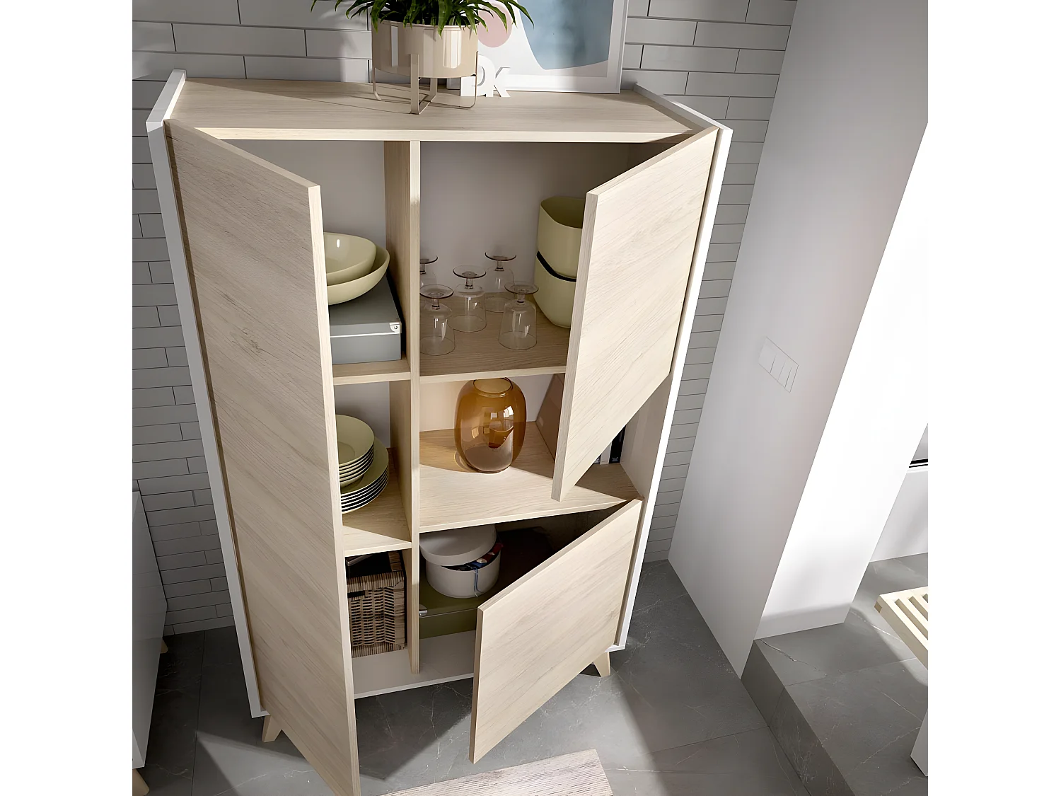 Buffet Meuble de rangement 3 portes coloris blanc/naturel - Longueur 81 x Hauteur 135 x Profondeur 43 cm