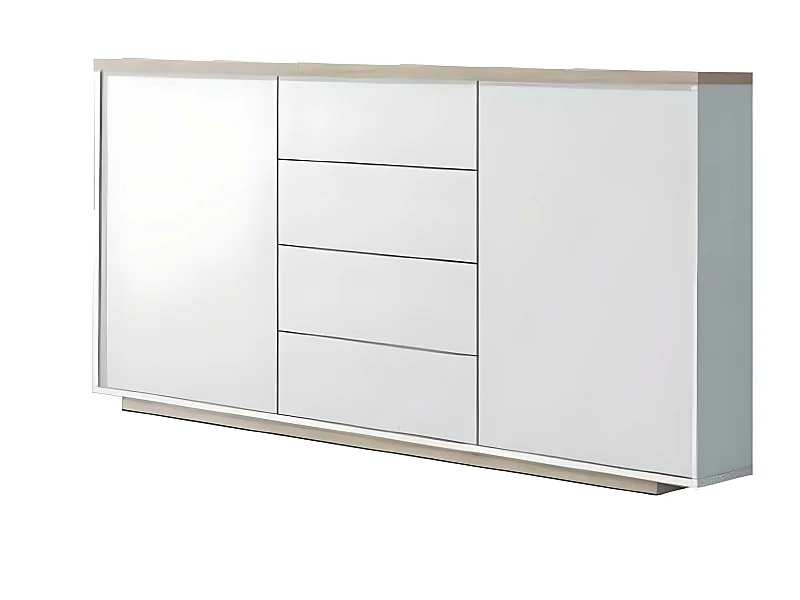 Buffet 2 portes + 4 tiroirs coloris Blanc / Chêne Cambrian - Longueur 183 x profondeur 35 x hauteur 85 cm