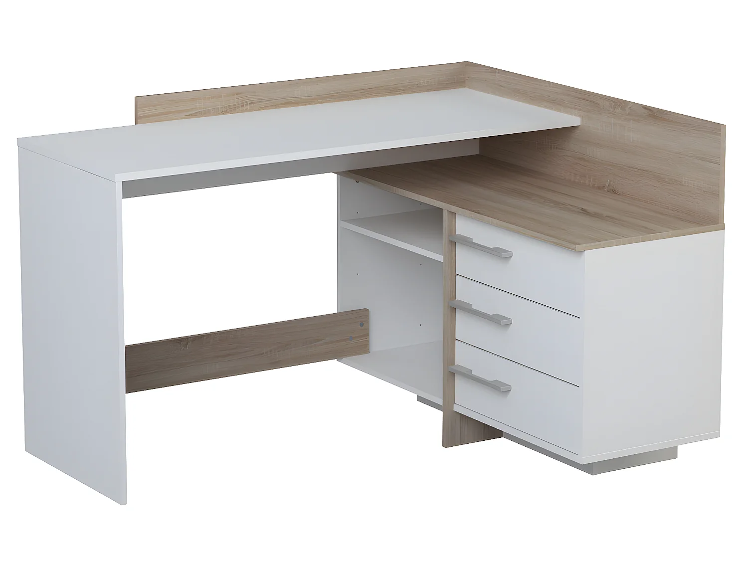 Bureau d’angle en bois coloris chêne brosse/blanc mat - 128,5 x 83,2 x 105,7 cm