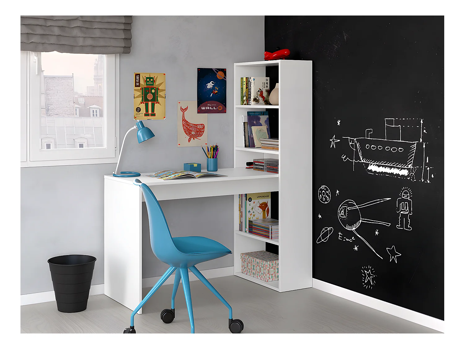 Bureau avec 5 étagères coloris Blanc Artik en mélamine - 144 x 120 x 53 cm