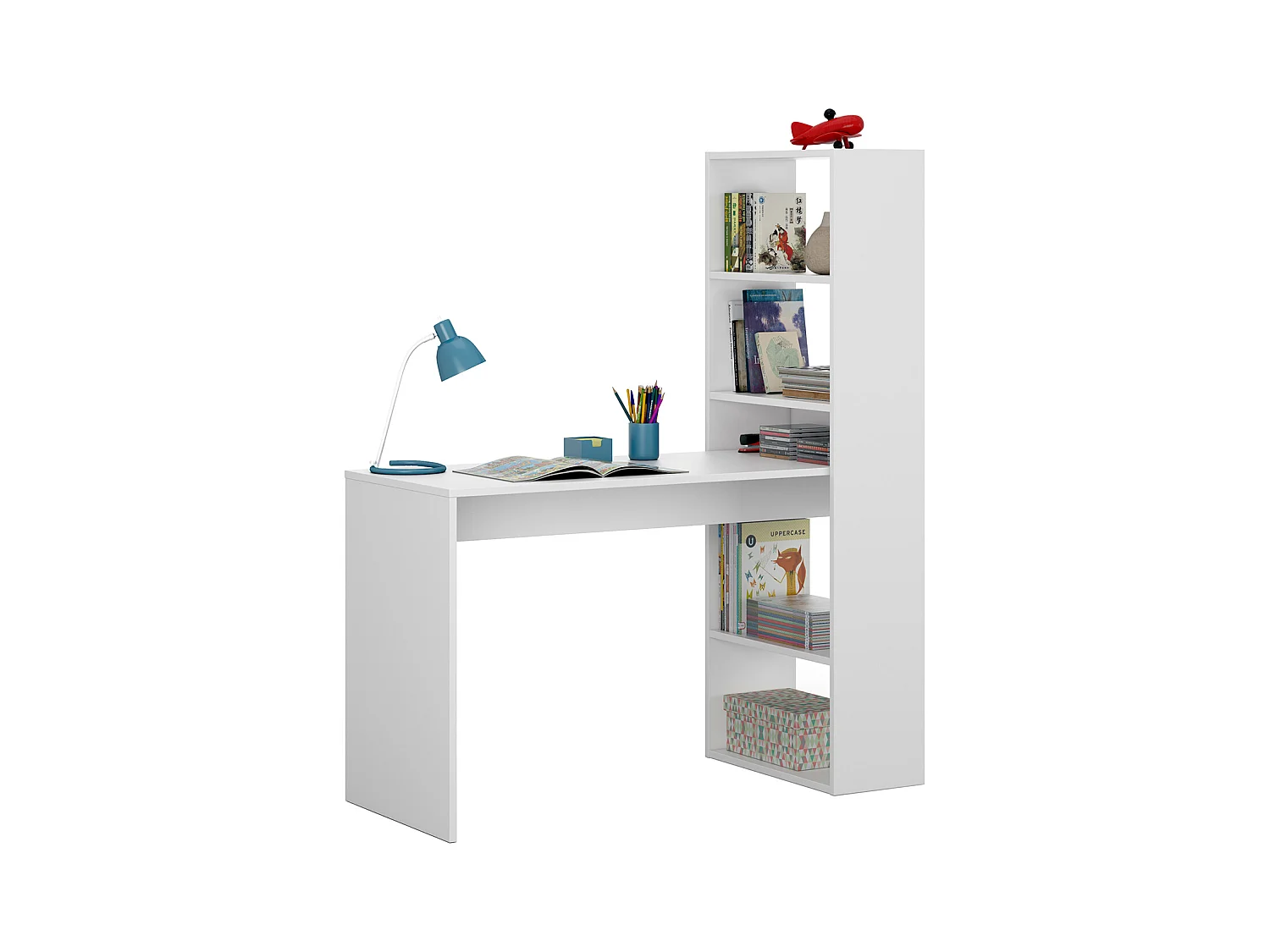 Bureau avec 5 étagères coloris Blanc Artik en mélamine - 144 x 120 x 53 cm